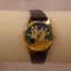Vintage Bowling Watch – Animated Bowling Pins & Ball Design – Retro Novelty Wristwatch – Gold Tone Case with Brown Leather Strap